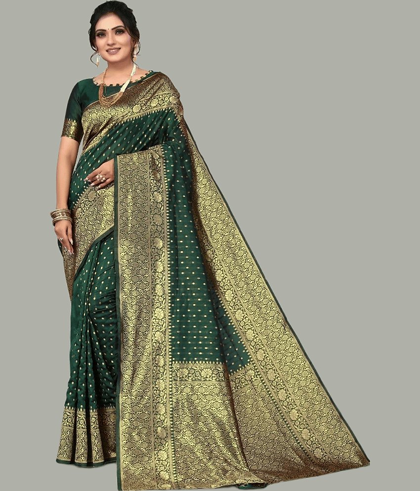 GARIYA Banarasi Silk Embellished Saree With Unstitched Blouse Piece ( Green ) view 2