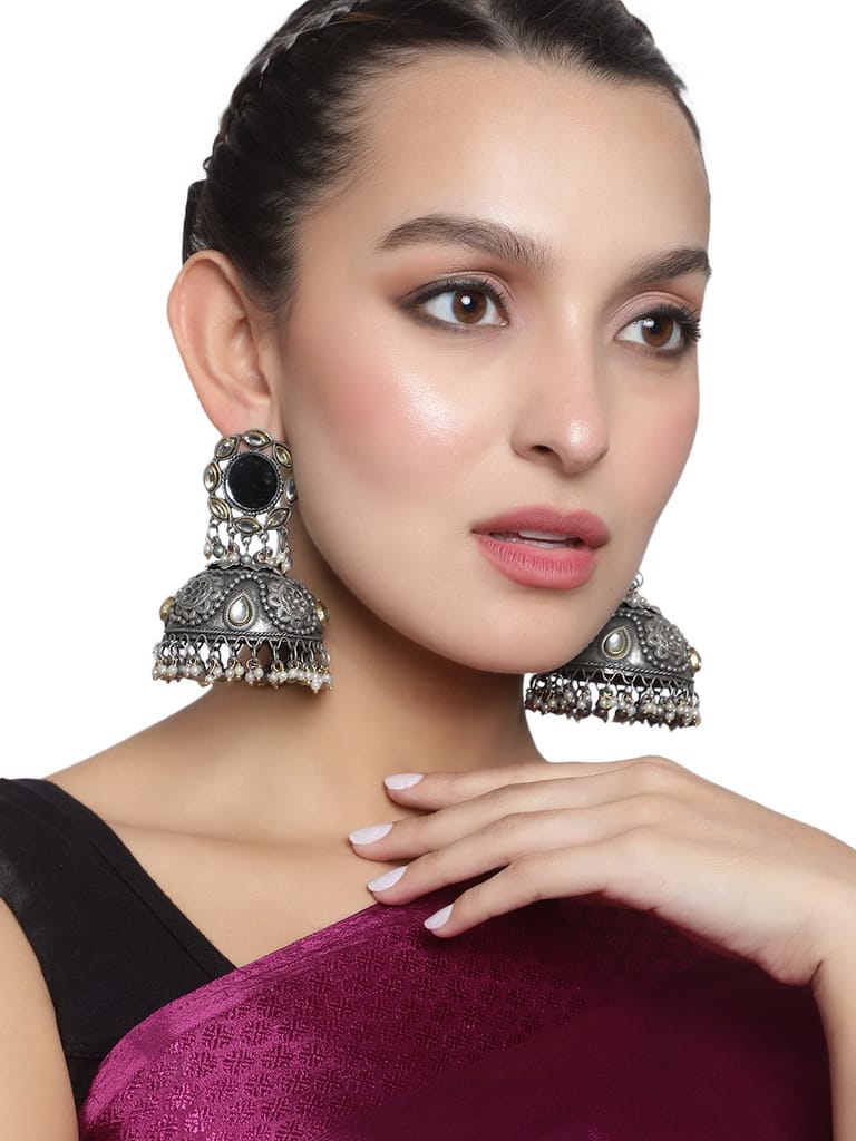Cardinal Oxidized Metallic Kundan Mirror Light Weight Jhumka Earrings view 2