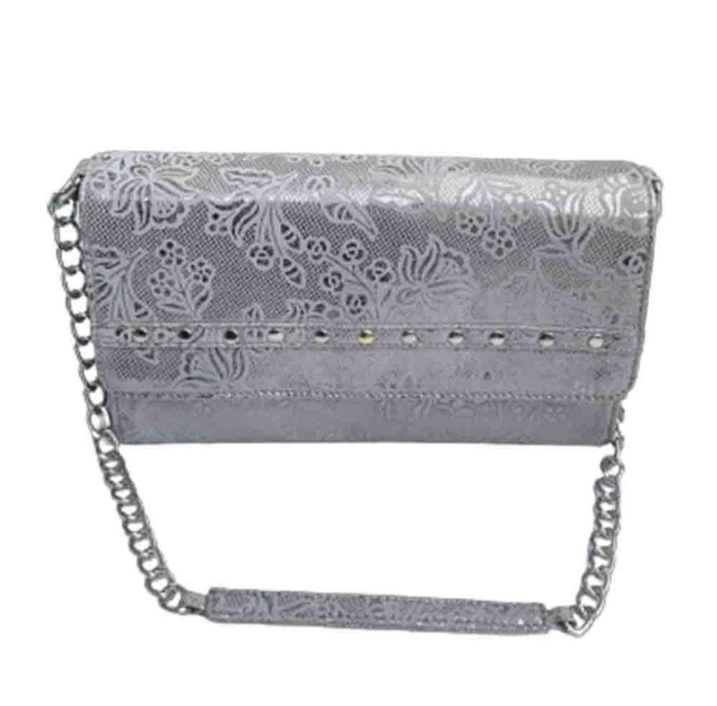 Women's Silver Metallic Floral Embossed Chain Strap Clutch Wallet