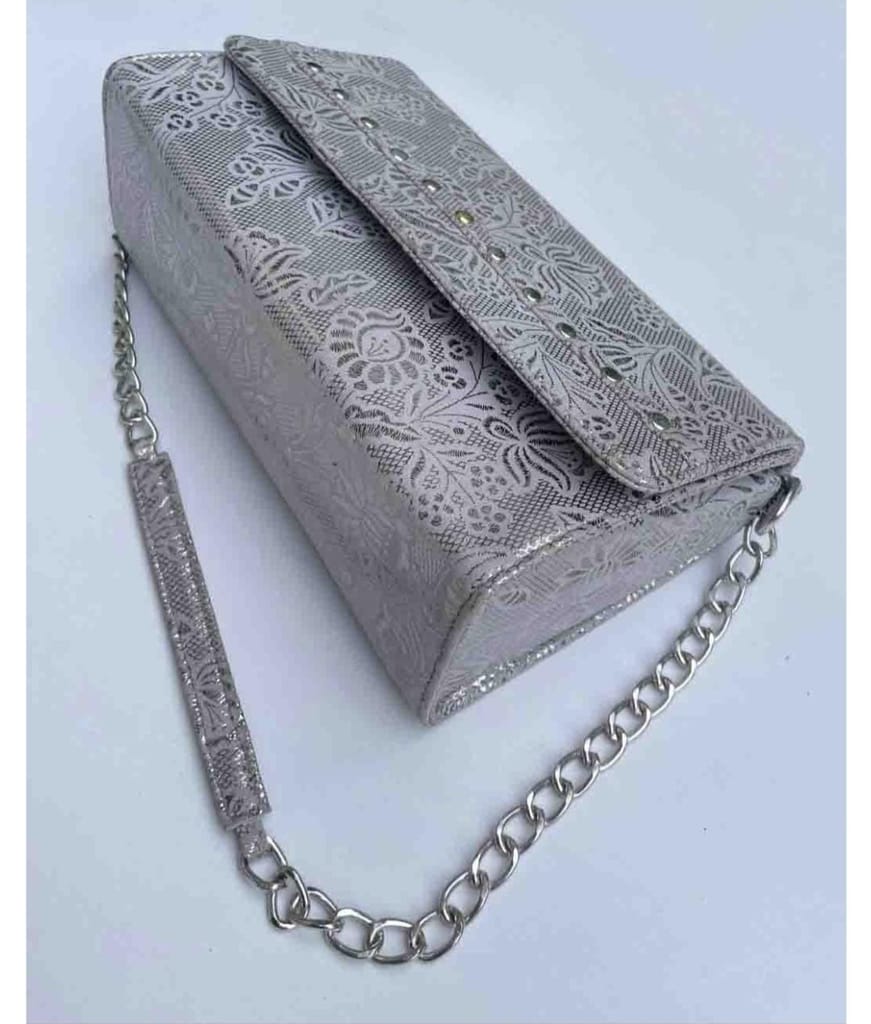 Women's Silver Metallic Floral Embossed Chain Strap Clutch Wallet view 2