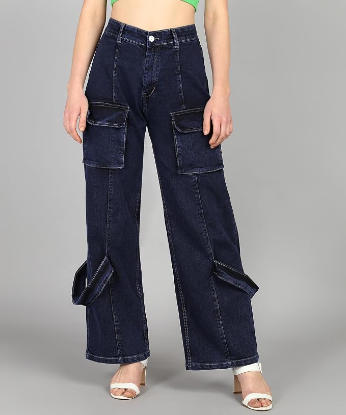Glossia Fashion Women Cargo Jeans | High Rise Stretchable Baggy Wide LegDenim| Boyfriend Jeans for Women - Dark Blue, 32 view 2