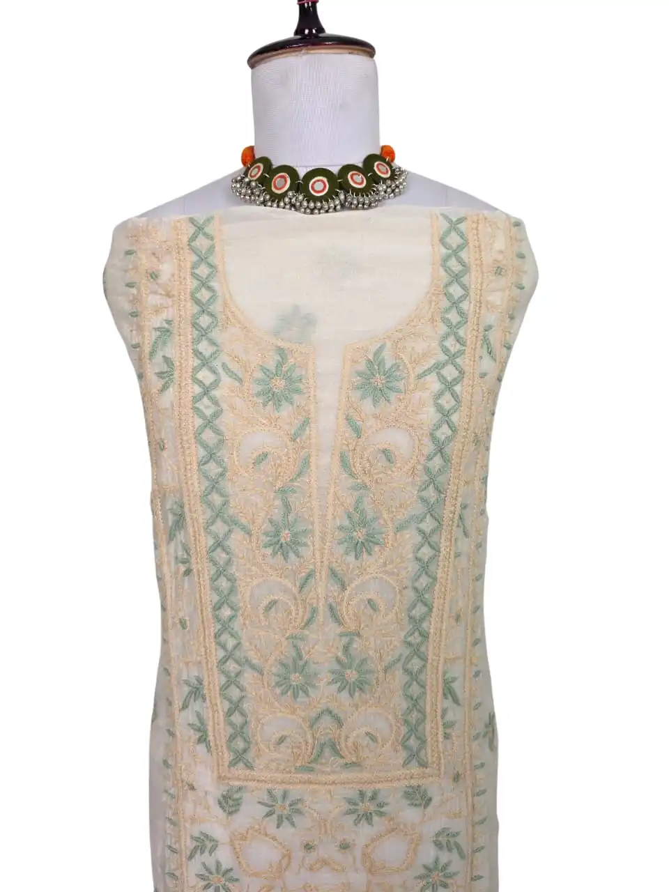 Chikankari Mul Chanderi Dress Material Ivory Peach Green view 2