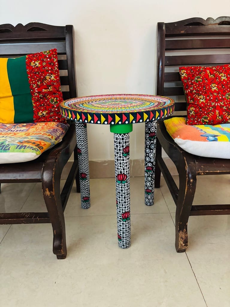 Rangchakra - Handpainted wooden table 14” top view 2