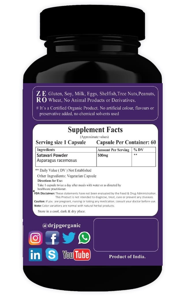 Dr. JPG Organic herbals Shatavari Capsules 500mg 60Veg. Capsules/INDIA ORGANIC Certified (Pack Of 1) view 2