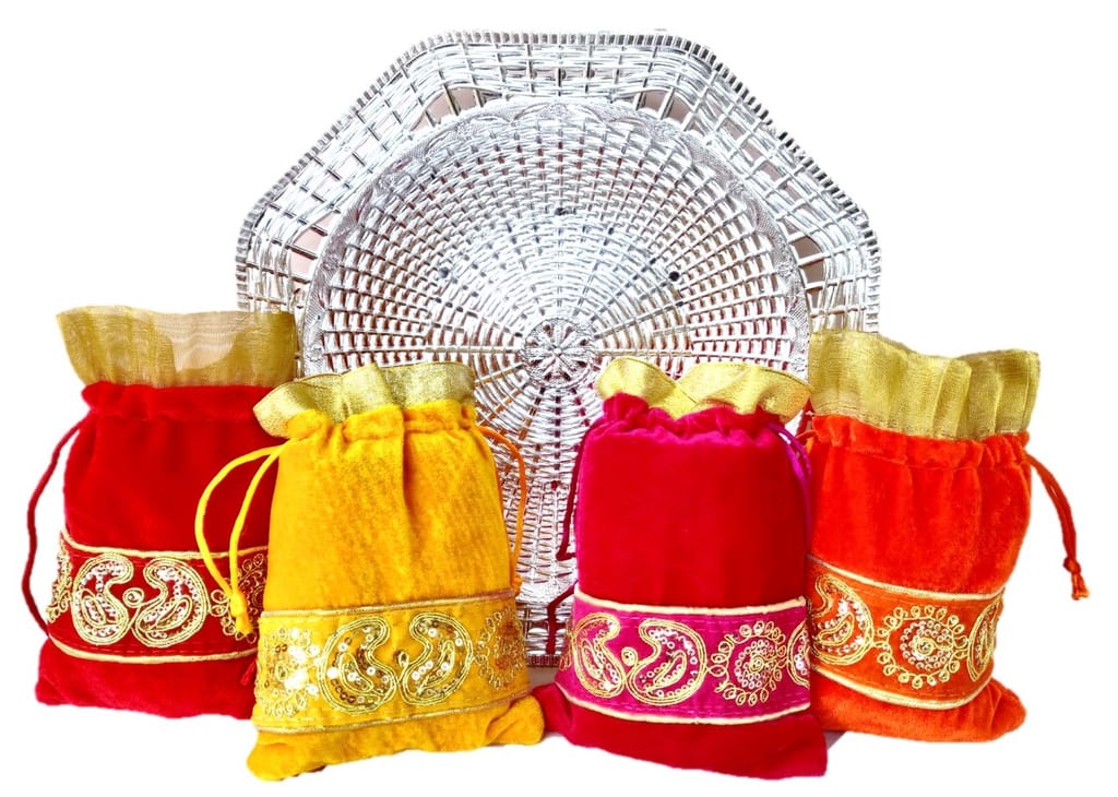 Omkar by R3 Inc. Silver Gift Basket / Bowl with Shagun Potli for Gifts Hampers | Fancy Hamper| Wedding Basket / Pouch for gift Packing (Pack of 5) view 2
