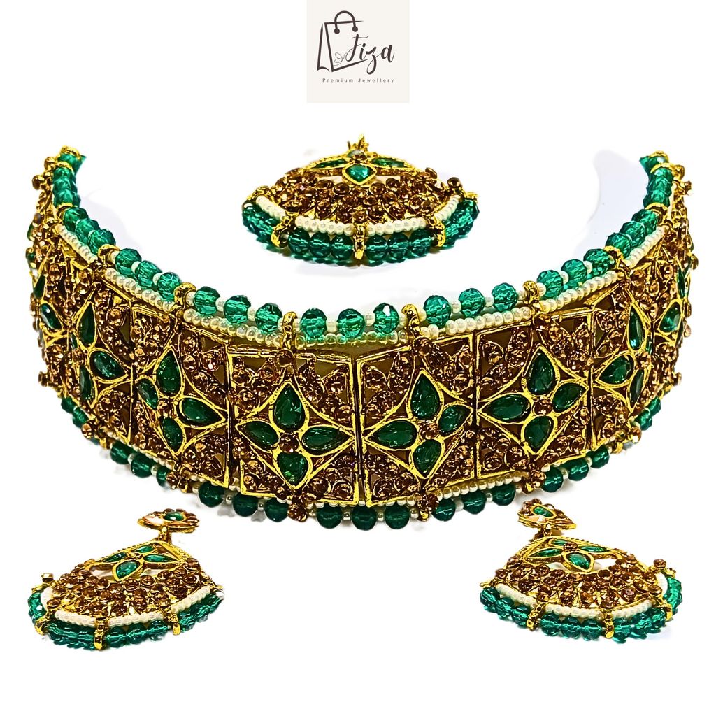 Fiza Luxury Handcrafted Gold Plated Guluband Jewellery Set with Earrings And Mangtika, AD, Pearl, Feroze Blue view 2