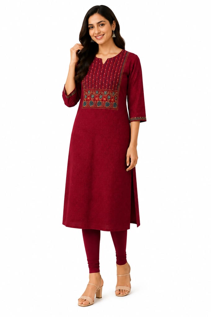 Maroon Embroidered Kurti (Top Only)