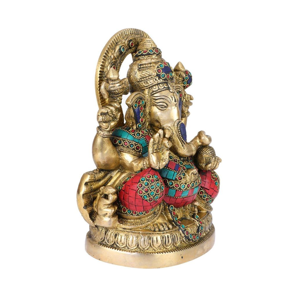 ARTVARKO Large Brass Ganesha Idol Statue Decorated with Multicolored Gem Stone Handwork Ganpati Murti for Home D�cor Mandir Gift Height 9" view 2