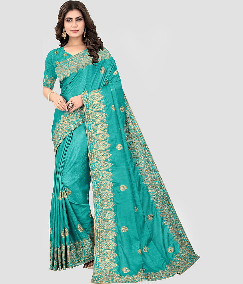 Om Shantam Sarees Silk Blend Embroidered Saree With Unstitched Blouse Piece ( Pink )