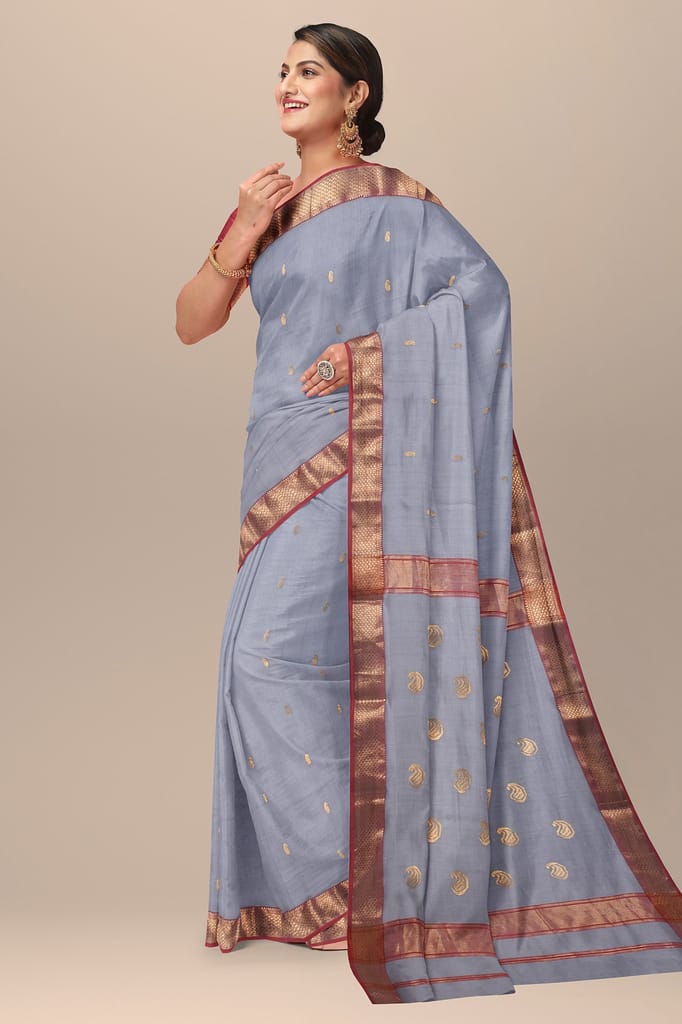 Metallic Grey Carry Buti Handwoven Sausar Silk with Zari Border and Carry Buta Print Saree SKU-BS10038 view 2