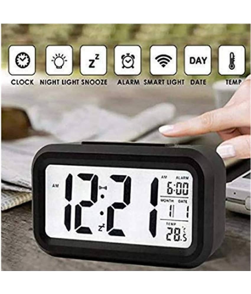 Plastic Digital Smart Backlight Battery Operated Alarm Table Clock with Automatic Sensor, Date and Temperature (Black) view 2