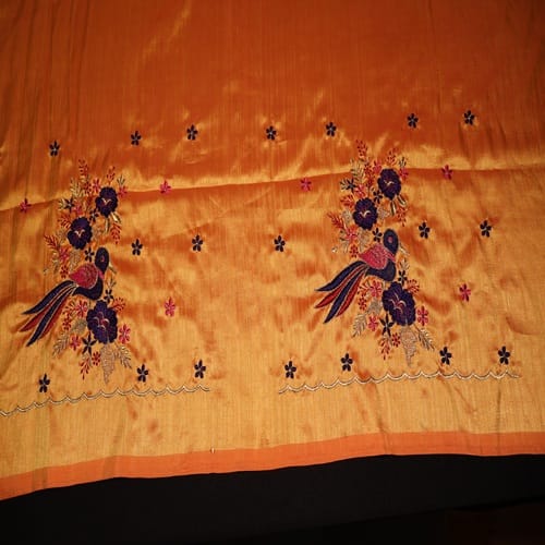 Golden Yellow Silk Saree with Bird Embroidery view 2