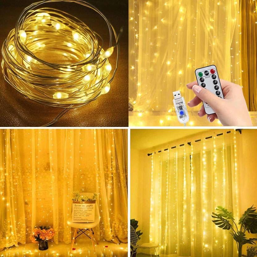 SPARKWORLD Warm White LED Curtain String Lights with Remote & USB | Decorative Fairy Lights for Wall, Window, Festive Decor & Parties | Size: 3 m | Colour: Yellow view 2