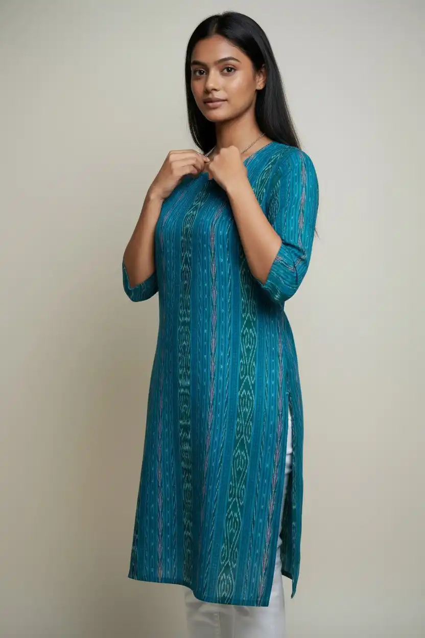 Sambalpuri Ikat Cobalt Blue Cotton Kurti view 2