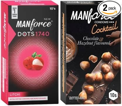 MANFORCE Extra Dotted Litchi Flavoured Condoms - 10 Pieces & Cocktail Condoms with Dotted-Rings Hazelnut & Chocolate Flavoured- 10 Pieces Condom (Set of 2 20 Sheets)