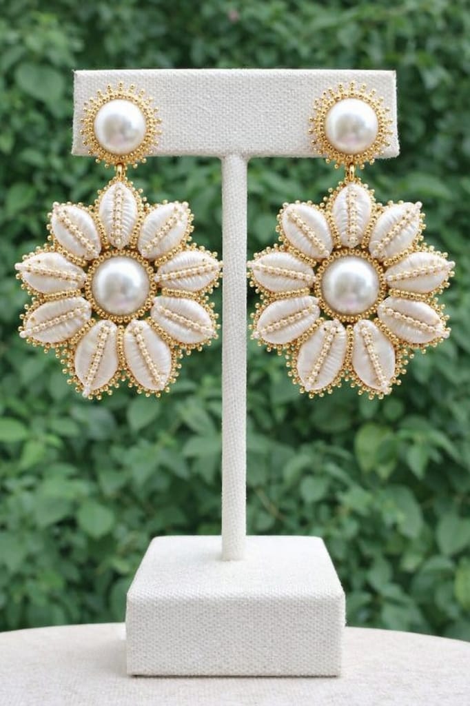 Elegant Floral Pearl and Seashell Gold Beaded Drop Earrings view 2