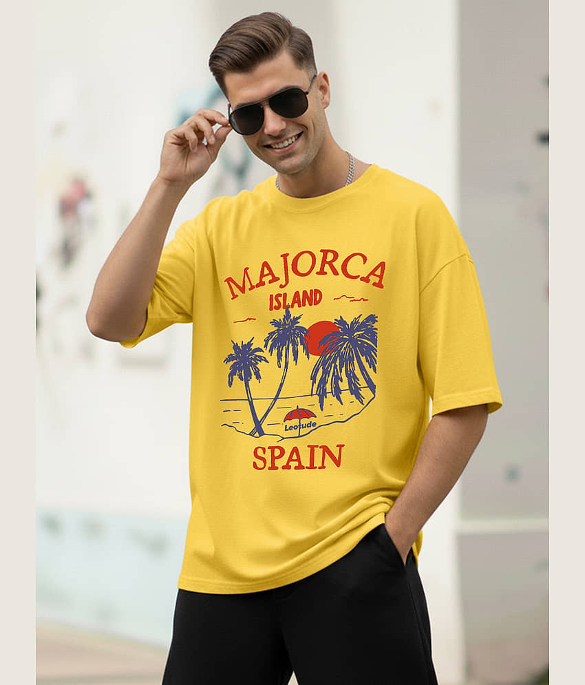 Leotude Men Cotton Blend Oversized Fit Printed T-Shirt ( Yellow )
