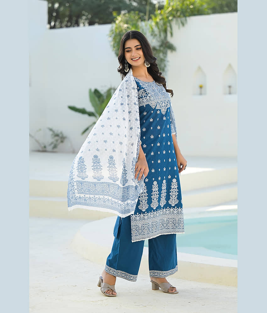 Juniper Women Cotton Embroidered Straight Kurti With Pants ( Indigo ) view 2
