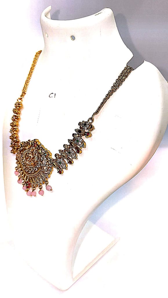 "Stunning antique gold necklace with intricate detailing and colorful gemstones." view 2