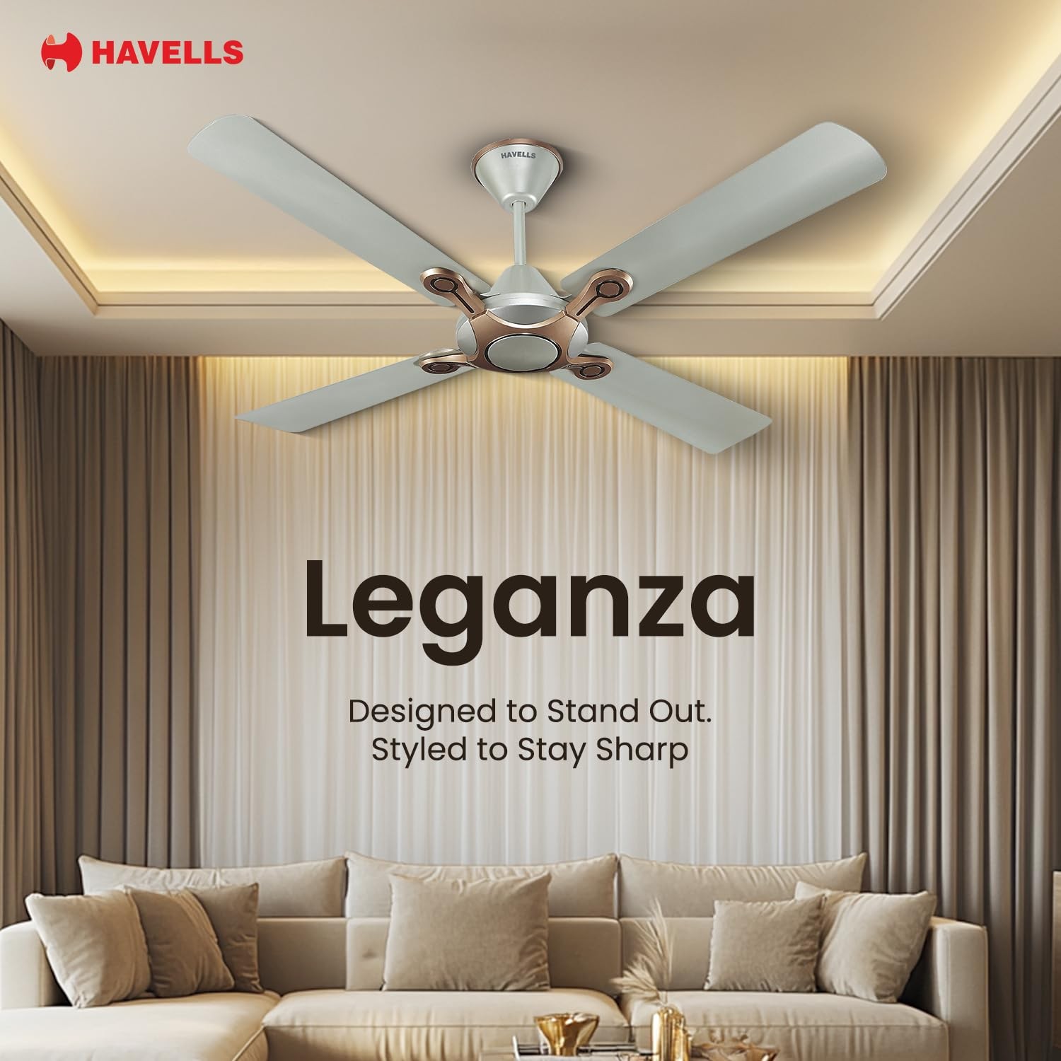 Havells 1200mm Leganza ES 4B Ceiling Fan, Best fan in 4 Blade, Premium Finish Decorative Fan, High Air Delivery, Energy Saving,100% Pure Copper Motor,2 Year Warranty - Bronze Gold view 2