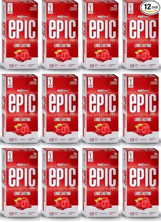 Manforce Epic Pleasure Long Lasting Premium Condoms for Men Super Thin Raspberry Flavour Disposable Pouch (10 Counts) x pack of 12