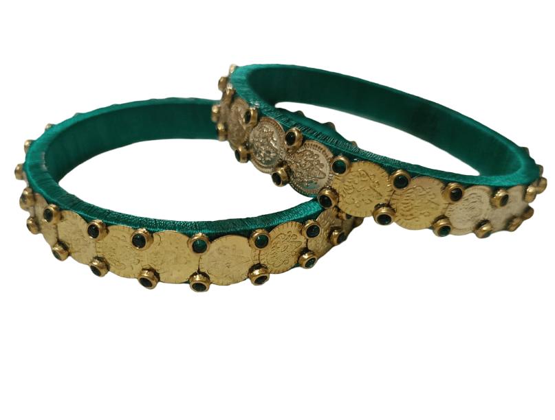 Green Silk Thread Bangles with Gold Coin Accents view 2