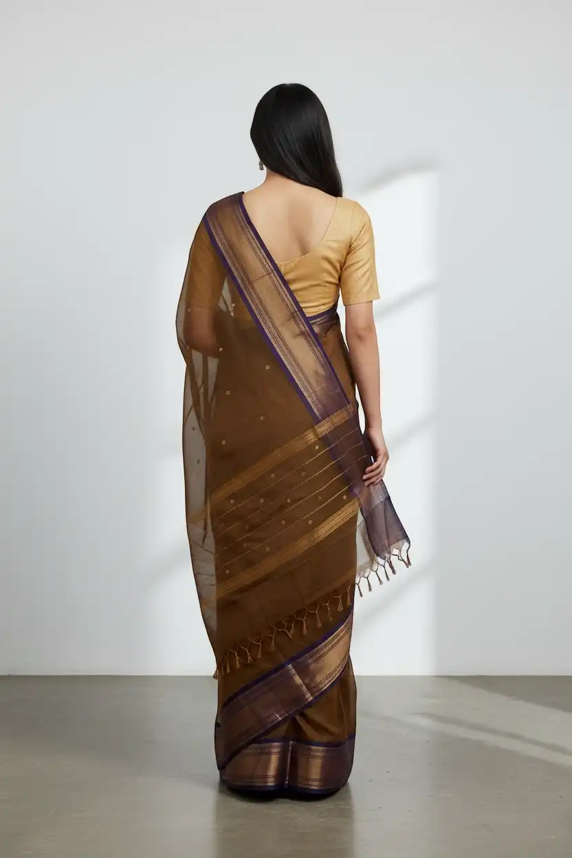 Handwoven Kanchipuram Cotton-Silk Saree in Coffee Brown with Zari Buttas view 2
