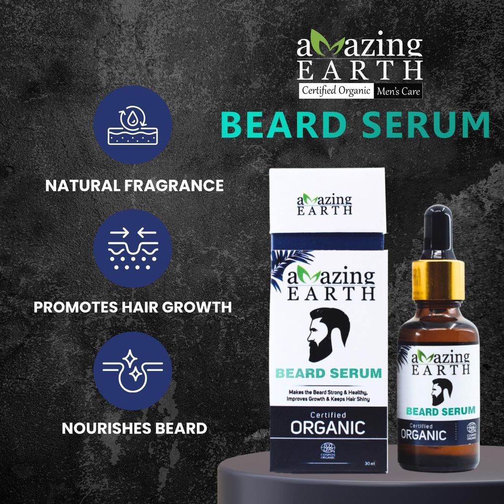 AMAzing EARTH Certified Organic Beard Serum for Men - 100% Natural with Olive, Argan & Apricot Oil & Grapeseed Extract, Shiny Beard Hair Growth, Sulphates & Parabens Free, Vegan & Cruelty Free - 30ml view 2