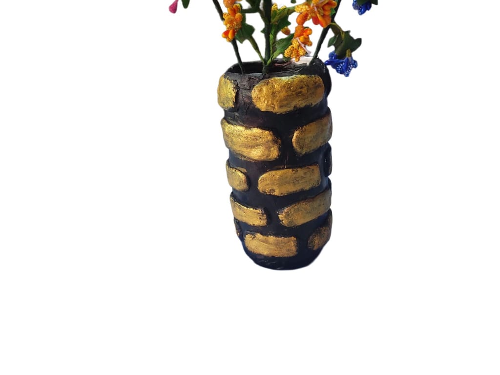 A beautiful and unique handmade ceramic vase with a unique stone pattern and pink, yellow, and blue flowers. view 2