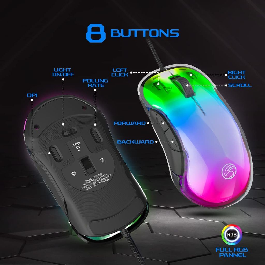 iGear Hawk Wired Gaming Mouse with 8 Customisable Buttons|Dynamic 6 RGB Light Modes|4 Custom Profile Modes|12800 DPI Tracking|Lightweight Black RGB Gaming Mouse|Compatible with iOS,Android & Windows view 2