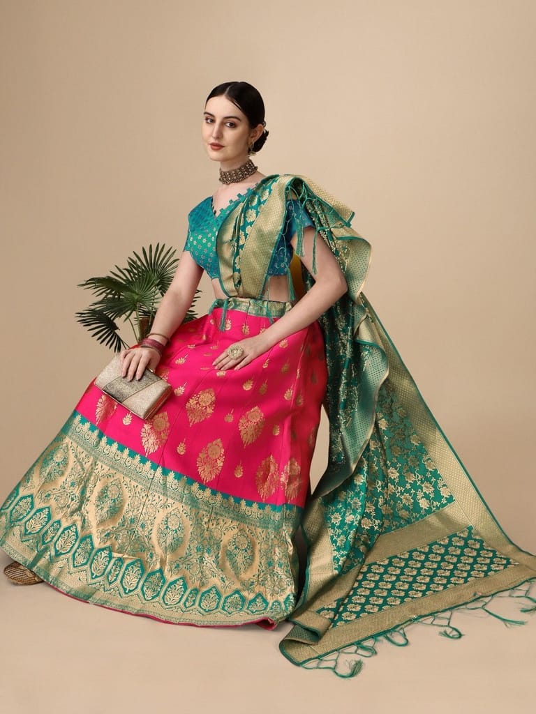 Pink Brocade Fabric Lehenga & Unstitched Blouse With Dupatta view 2