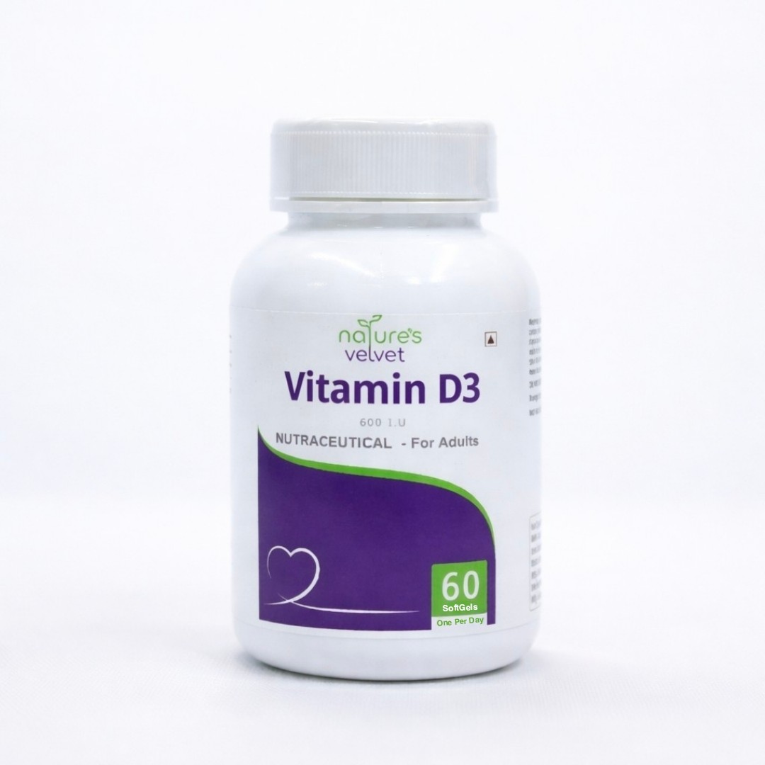 Natures Velvet Vitamin D3 600 IU Softgels for Bone Strength, Teeth Health & Calcium Absorption – 60 Softgels
