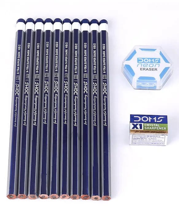 DOMS X1 Xtra Super Dark Pencils Box Pack| Hexagonal Shape For Easy Holding & Comfort| Free Eraser | Free Sharpener |Pack Of 10 Pencils| Black view 2