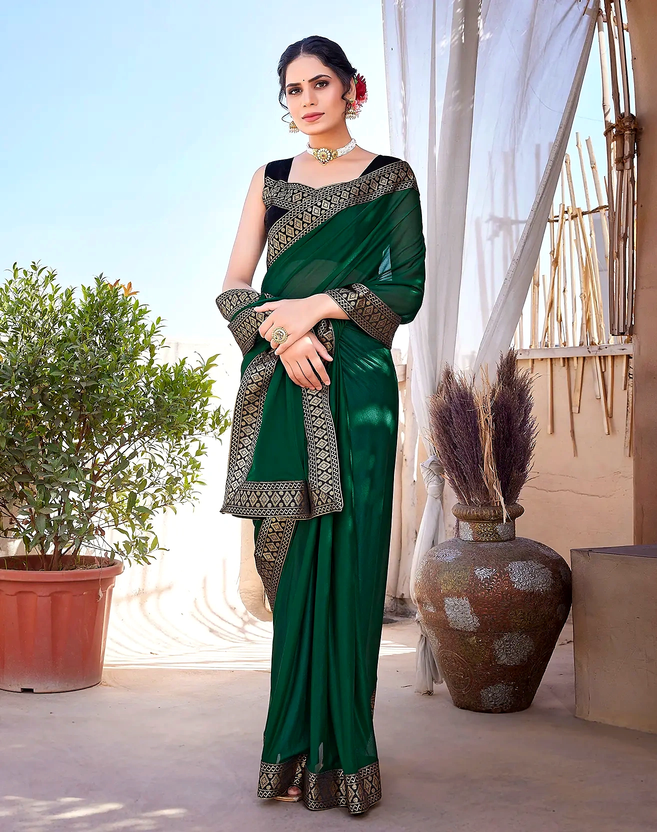 Lycra Saree with Lace Border (Color - Green) by SHIV TEXTILES view 2