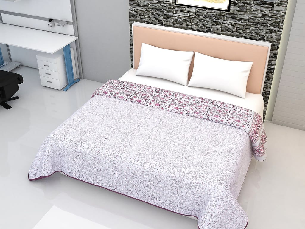 Block Printed Cotton Blanket - Double Dohar ( 90 x 108 Inches) - Pink Floral view 2