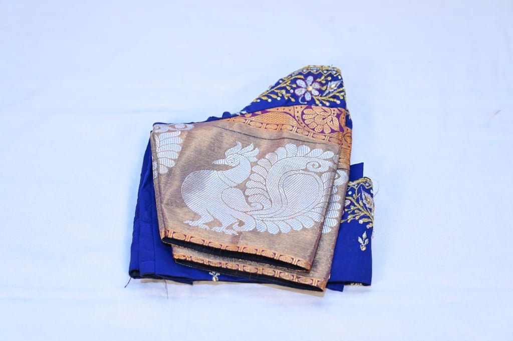 Blue Embroidered Saree Blouse With Golden Border view 2