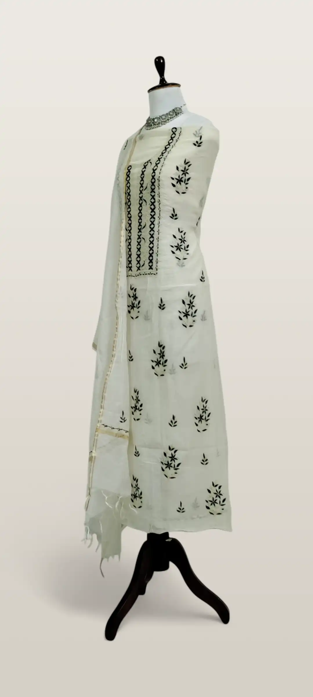 Chikankari Mul Chanderi Dress Material White Black Floral view 2