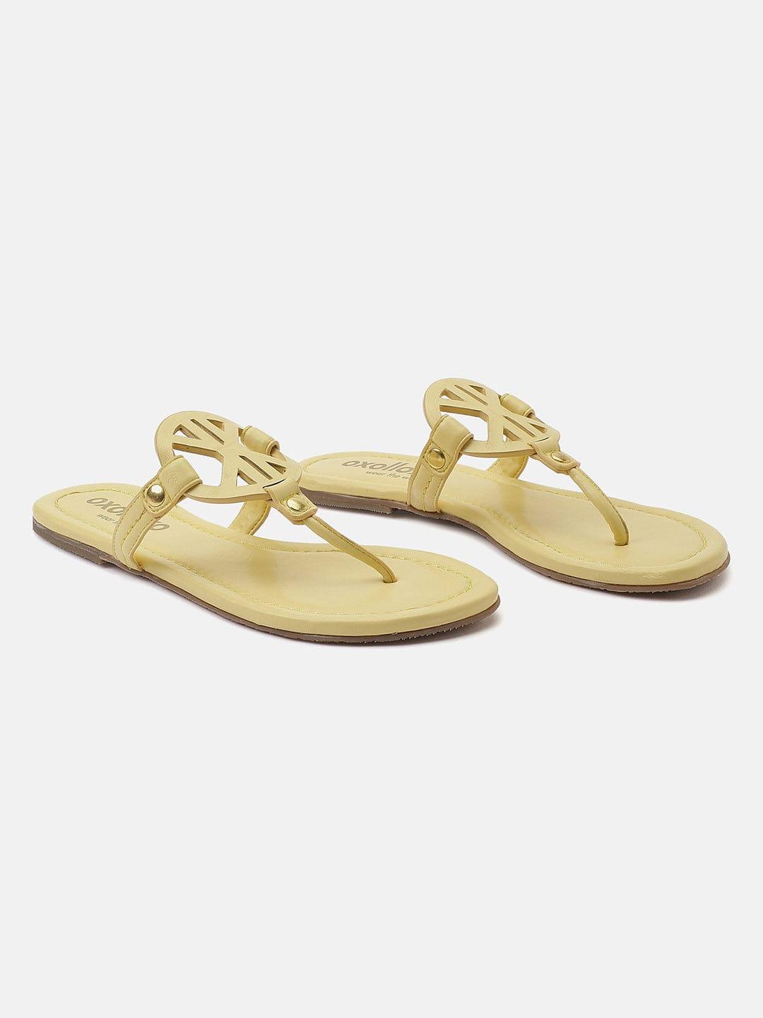 Yellow T-Shape Open Back Flat Sandals For Women Now view 2