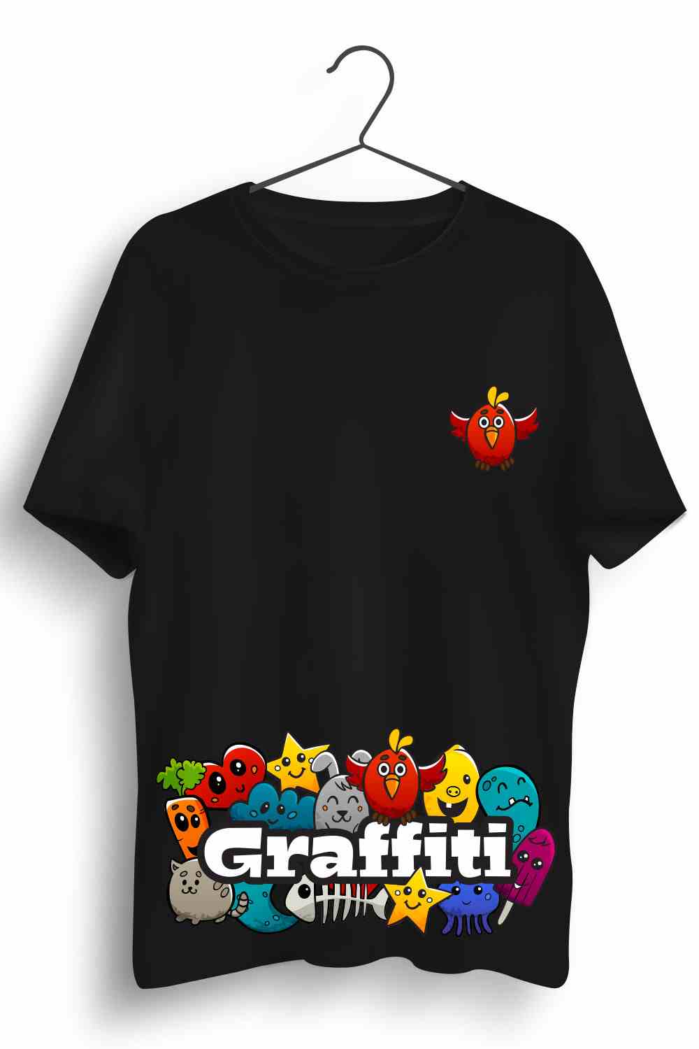 Graffiti Graphic Printed Mens Round Neck Black Cotton Tshirt