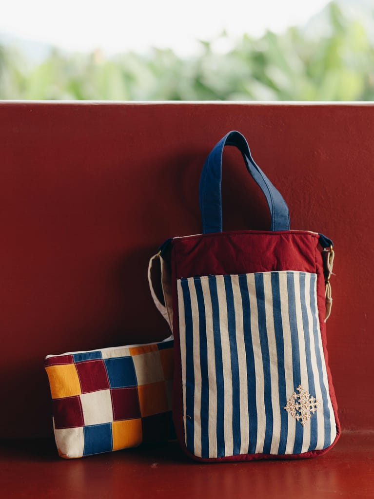 Fabric Crossbody Bag with Blue and White Stripes and Hand Embroidery Laptop Sleeve view 2