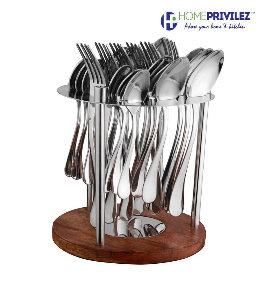 Tulip Cutlery - Stainless Steel 24pcs Cutlery in Stainless Steel stand with wooden base view 2