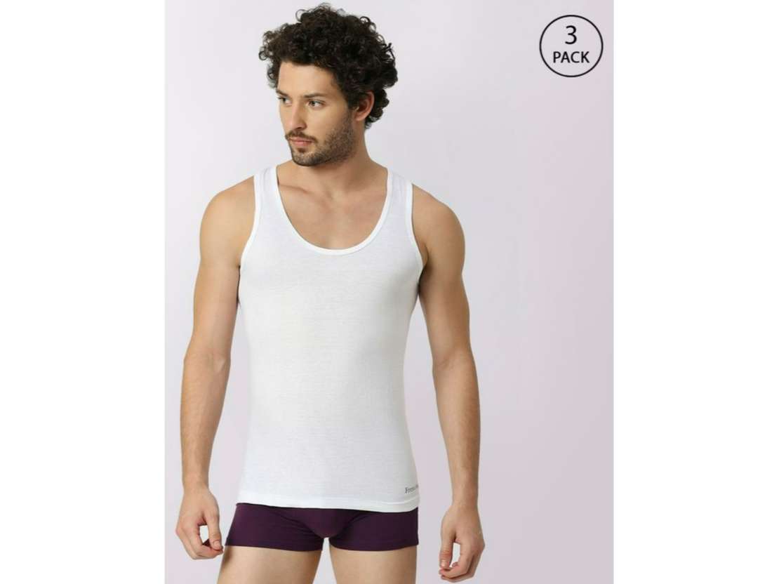 Frenchie Oxy Men Solid White Cotton Vest (Pack of 3 ) - M