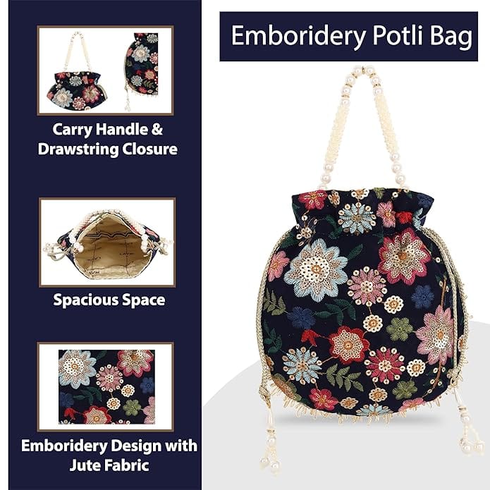 Embroidered Potli Bag with Drawstring Closure and Pearl Handle view 2