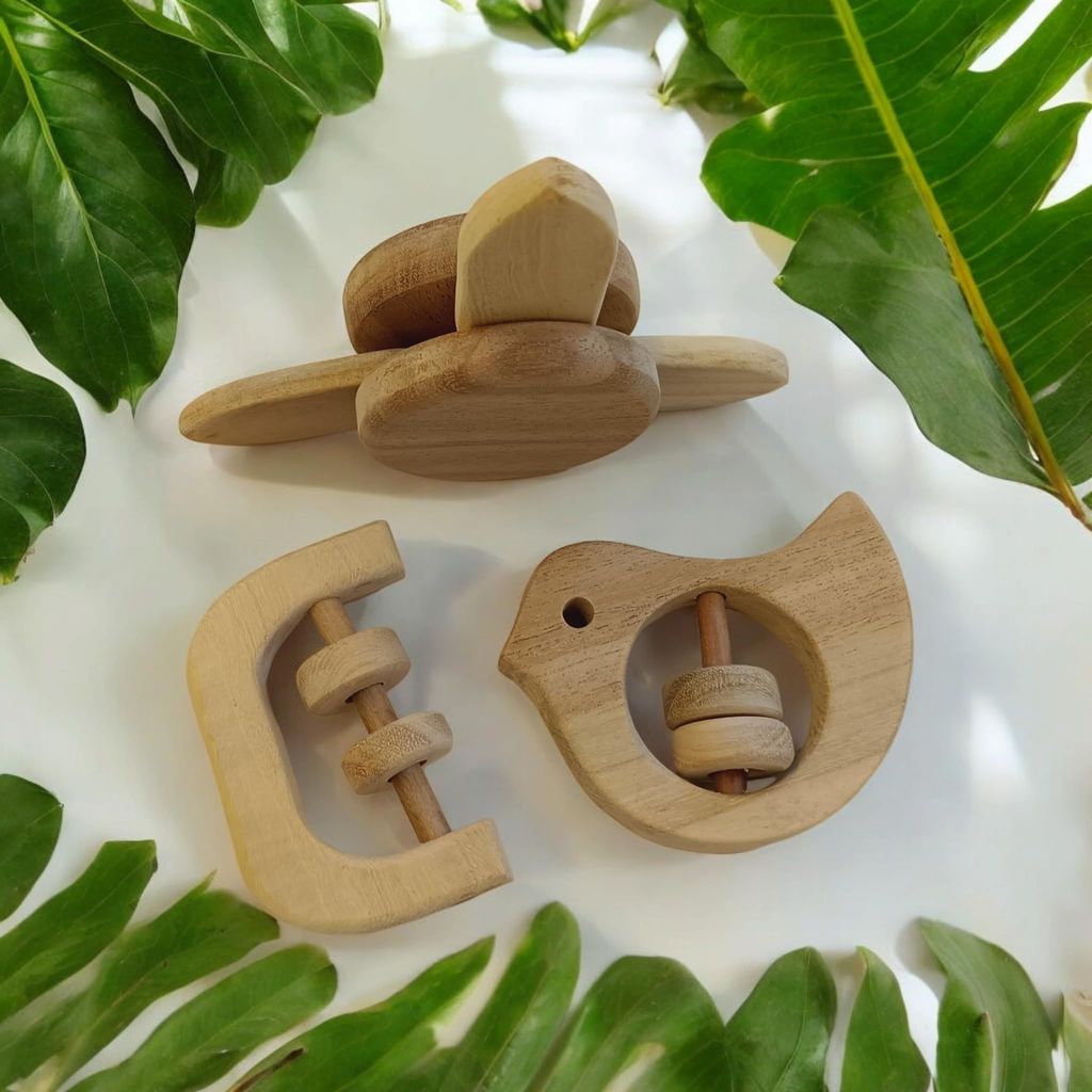 Neemtoys Pure Neem Wooden 0 to 3 Year Babies Flower Tumbler, Dove & C Shape Baby Rattles for Sensory Development view 2