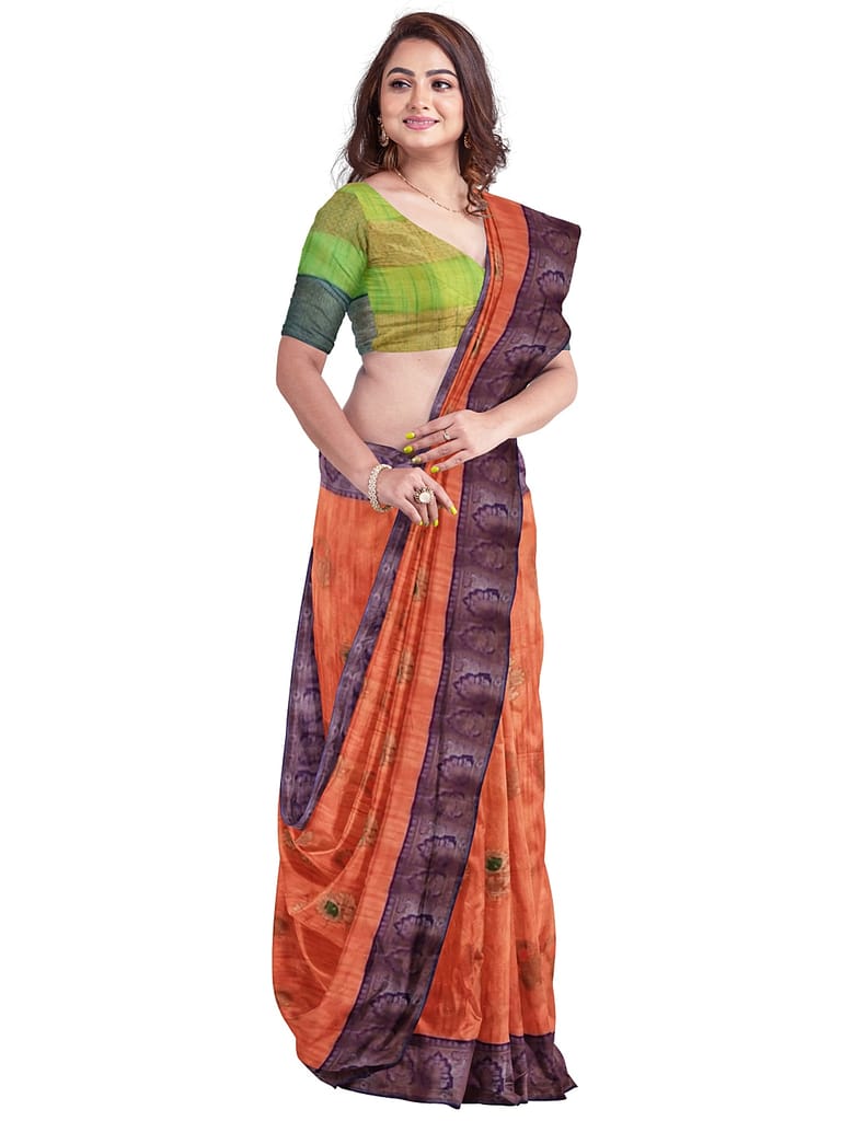 Women's Peach And Green Silk Blend Saree With Blouse Piece view 2