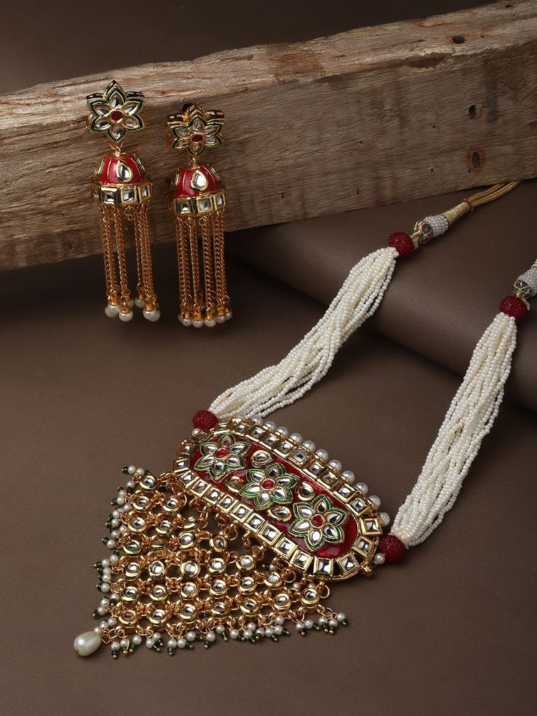 Cardinal Maroon Colror Minakari Gold Plated Kundan White Beads Multistring Necklace Set view 2