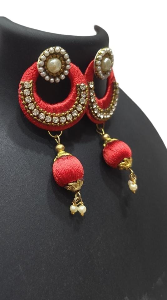 Red Silk Thread Jhumka Earrings with Pearls and Rhinestones view 2