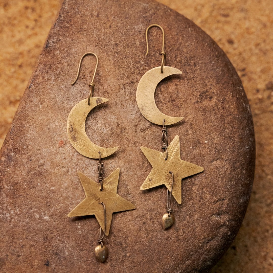 Gold polish half chand & tara drop earrings view 2