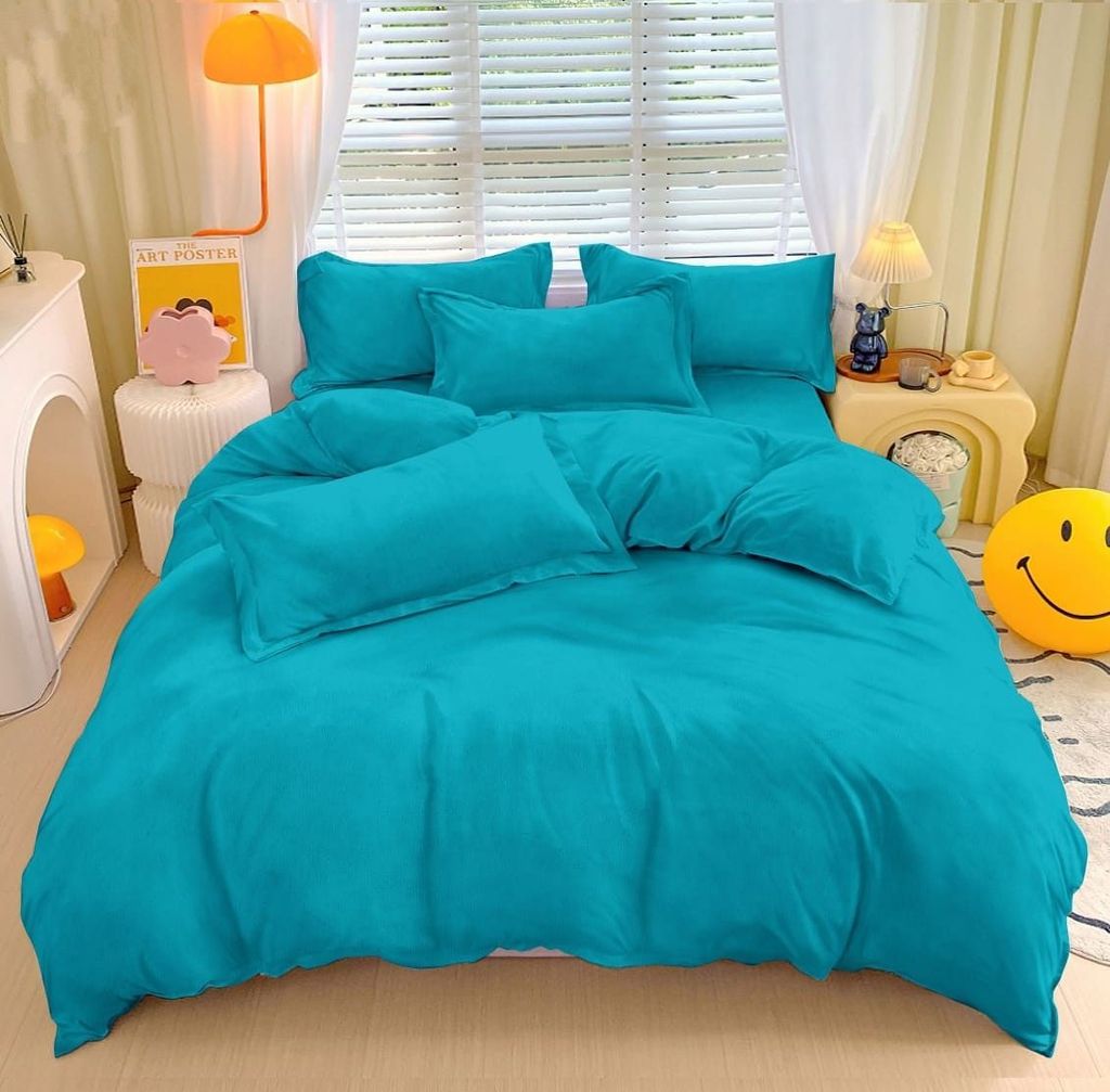 Brevard International Double Bed Bedsheet | 190 GSM Flannel Super Soft Warm Elastic Fitted | With 2 Pillow Covers for Winters - 72x78x8 Inches, Aqua