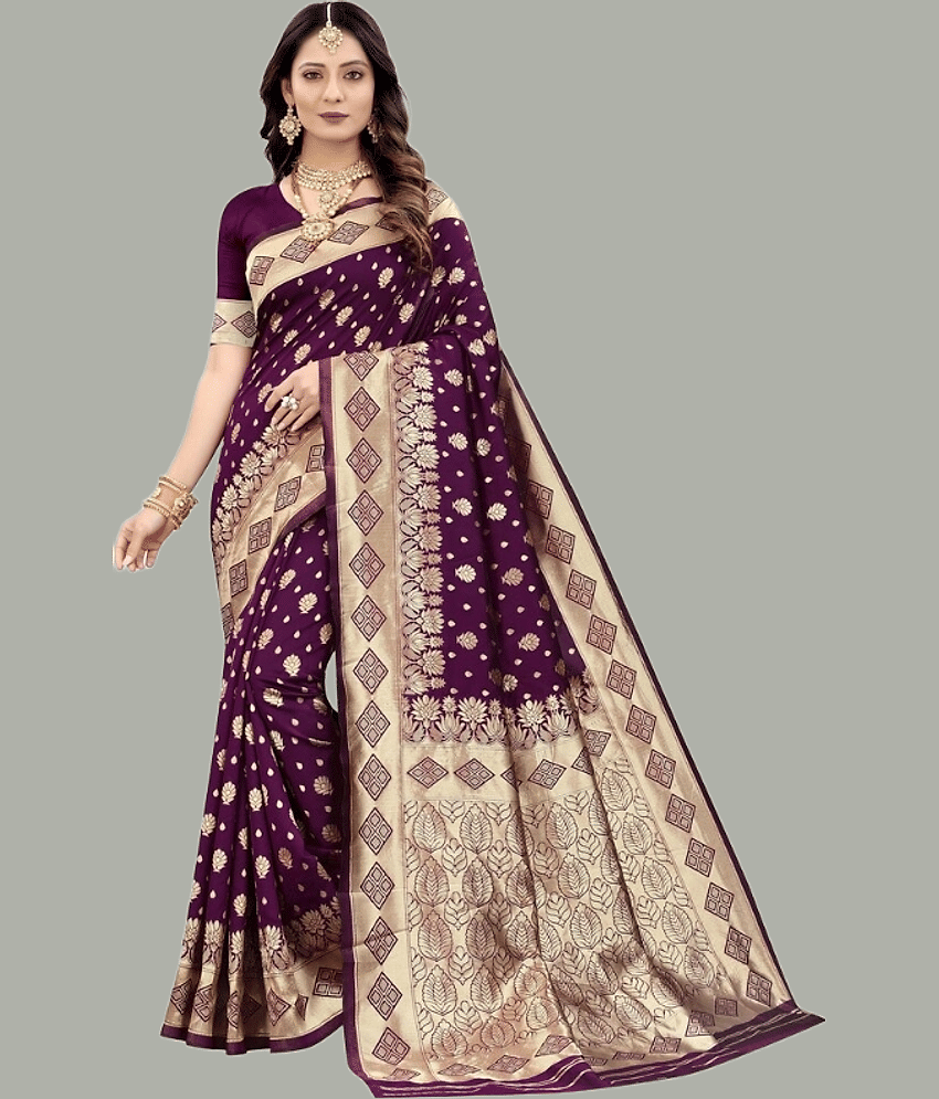 GARIYA Banarasi Silk Embellished Saree With Unstitched Blouse Piece ( Wine )